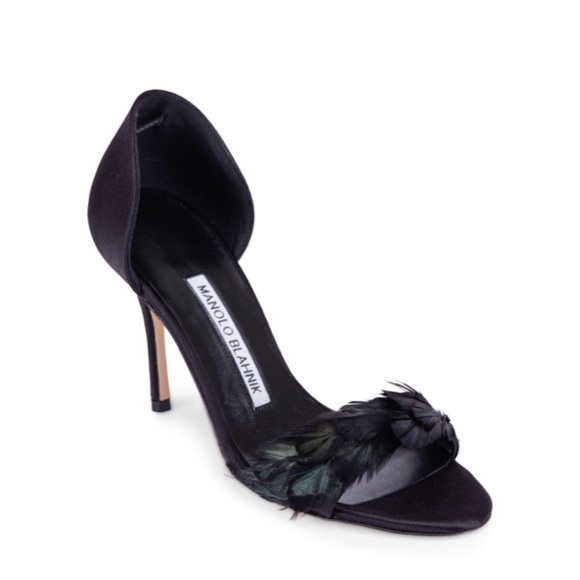 MANOLO BLAHNIK CATALINA BLACK SATIN FEATHER HEELS SHOES size 38 - Picture 2 of 8